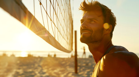 A man is playing volleyball on the beach. An Olympic sport. Volleyball training. The beach is close to the ocean, and several people can be seen in the background. Active lifestyleの素材
