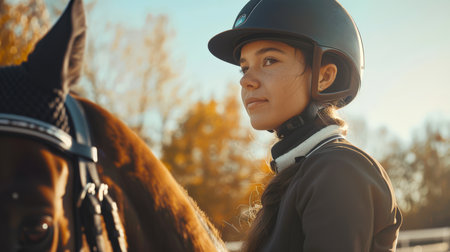 A beautiful young woman in riding gear stands next to a horse. Equestrian competition. An active lifestyle. Sport is lifeの素材