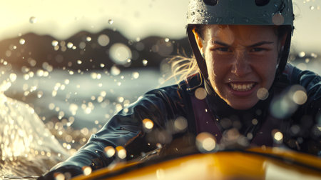 A tired, exhausted woman in a wetsuit is sailing on a yellow kayak. She's wearing a helmet and she's in a bad mood. Splashes of water fly in different directions. Sports conceptの素材
