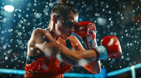 Women's boxing. There is a female boxer in the ring wearing red gloves and a black shirt. She's in the middle of a boxing match. The concept of a sports competition. Extreme sports.の素材