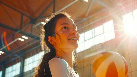 A candid portrait of a young athletic girl playing volleyball. She smiles and is about to serve the ball. An Olympic sport. Active lifestyleの素材