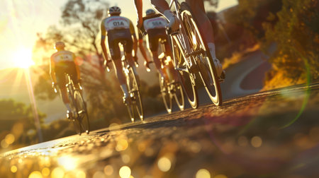 A group of cyclists is riding along a road flooded with sunlight. Cyclists are wearing T-shirts with numbers and helmets. A road race. The scene is energetic and activeの素材