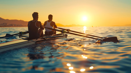 Two athletes train in rowing. Two men row a boat on the ocean at sunset. The water is calm and the sky is orange-pink. A sports concept. Active lifestyleの素材