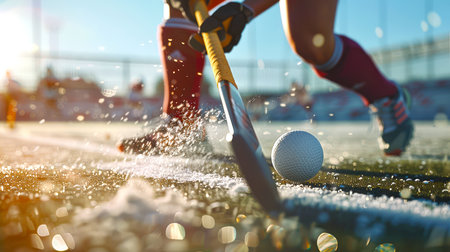 A field hockey competition. The athlete is in the middle of the field, holding a hockey stick and trying to hit a white ball. An active and healthy lifestyleの素材
