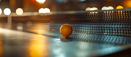 The orange ball is lying on the tennis table near the net. Table tennis. Ping pong. An Olympic sport. Active lifestyleの素材