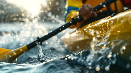 A man is floating on the water on a yellow kayak. Canoeing and kayaking. Close-up. A sports competition. The water is splashing, and the man is focused on his taskの素材