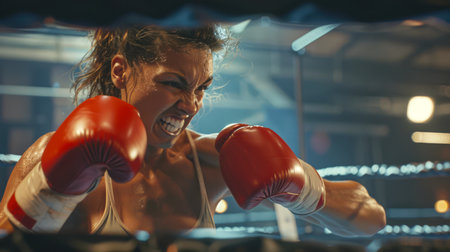 A candid portrait of an aggressive athletic woman in a boxing ring, wearing red gloves and a white T-shirt. She punches her opponent and gets angry. A cruel sport. Active lifestyleの素材