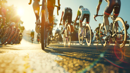 A group of professional cyclists participate in a road race on a sunny day. The picture captures the excitement and energy of the race as cyclists race along the road at high speed.の素材