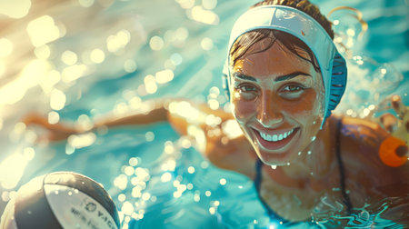 Water polo competition. Stylish beautiful wet woman playing water polo, close-up. She is in a pool with a ball. The scene is fun and playfulの素材