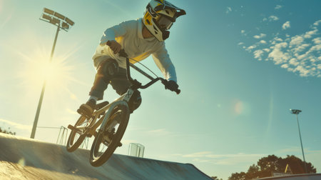 An extreme man in a motorcycle helmet rides a bmx bike in a skate park. BMX freestyle competition. A sports concept. The sky is blue, the sun is shining brightlyの素材