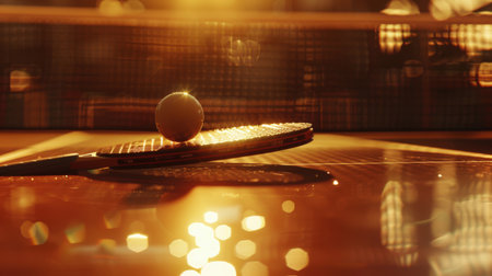 A tennis ball is lying on a tennis racket. A table tennis sports match. Ping pong. An active lifestyle. Sports conceptの素材