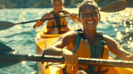 Canoeing and kayaking. Two happy women are riding a double kayak on the lake, smiling and enjoying this activity. They're wearing life jackets and they're rowing together.の素材