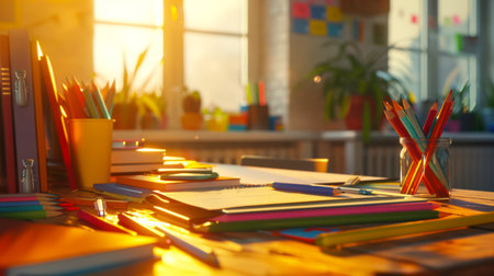 School supplies. Back to school. A desk with lots of colorful pens, pencils and books. The table is filled with a lot of stationery items. The setting creates an atmosphere of creativity and artistryの素材