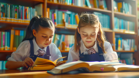 Two girlfriends in school uniforms are studying in the school library. Two students are sitting at a table in the library and reading books. Preparing for the lessonの素材