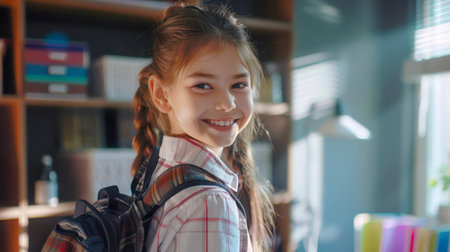 A cute young girl with a backpack and a smile on her face is standing in her room in front of the window. A schoolgirl is going to school. A student in the principal's officeの素材