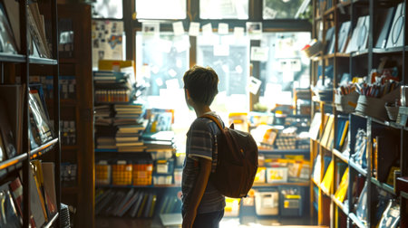 A boy with a backpack on his back is standing in the library and looking at books. A little schoolboy buys school supplies at the store. Back to schoolの素材