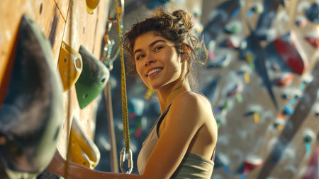 Rock climbing is an Olympic sport. Training at the climbing wall. A woman smiles as she climbs a rocky wall. The concept of adventure and excitement when a woman is actively involved in challenging activitiesの素材