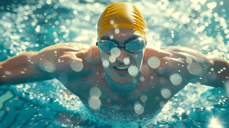A man in a yellow bathing cap and glasses is swimming in the pool. The water splashes around him, and he makes a strong splash. An Olympic sport. The scene is lively and energetic. Active lifestyleの素材
