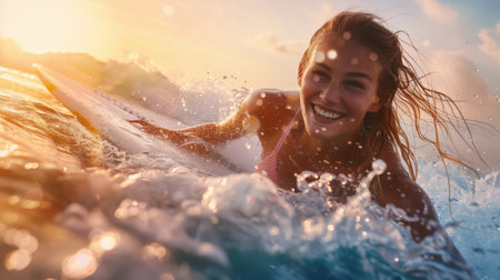 A beautiful athletic fit young woman rides a surfboard on the ocean. International surfing competitions. The concept of active sports and achieving new records. The water is choppy, and in the background you can see the sun setting.の素材