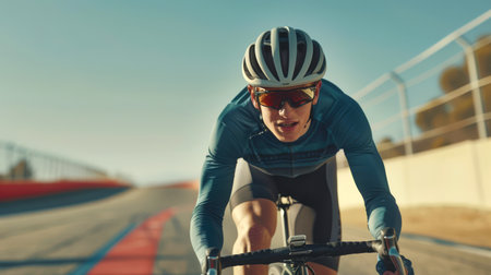 Road bicycle racing. A man is riding a road bike along the highway. He's wearing a helmet and sunglasses. The idea of excitement and adventure when a man enjoys a rideの素材