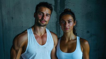 Portrait of a young athletic couple of a man and a woman in white T-shirts against the wall in the gym. Fitness and weightlifting coach. An active lifestyle. Sports conceptの素材