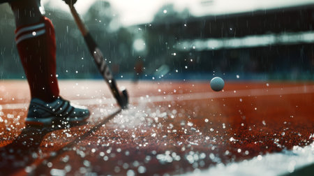 A field hockey competition. A hockey player holds a stick and is about to hit the ball. It's raining in the frame, and the player is wearing a red and white uniform. Active lifestyleの素材
