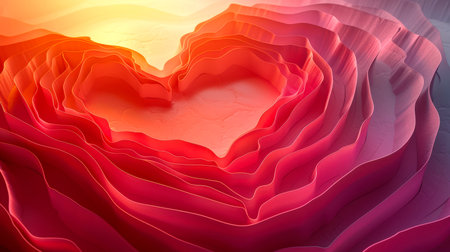 An abstract scarlet heart consisting of wavy bends of colorful paper or ribbon. The concept of the poster for February 14th - Valentine's Day. The idea of boundless love and romanceの素材