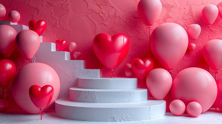 A stylish composition of airy red hearts and pink balloons at a light gray pedestal with a pink wall. The holiday on February 14 is Valentine's Day. Romantic backgroundの素材