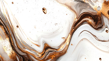 Golden brown pattern in the form of oil flow on a white background. Luxurious and elegant mystical background. An amazing backdrop for the design. Stylish wallpaper. Golden drops and textures on a white backgroundの素材