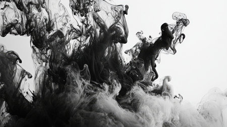Ominous black ink spreads in the water on a white background. A mystical shamanic trip. The concept of environmental pollution. Infection. Smoke is in the air. The scene is dark and the smoke absorbs everything in its pathの素材