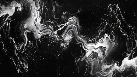 The expressive chaotic flow of a white mountain river in a dense black surface. A swirling mass of white and black paint. Stylish abstract elegant background. A luxurious crazy backdrop for the design. Wallpaperの素材