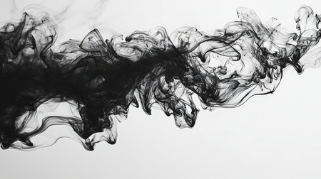 The concept of pollution. A black oil slick. Black watercolor ink splashes in the water on a white background. A black smoke trail is visible in the picture. The smoke is thick, dark and long. Abstract backgroundの素材