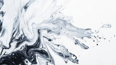 Chaotic splashes of paint. Abstract expressive background for the design. Stylish backdrop. Cool wallpapers. A swirl of white and black colors on a white background. There is movement and energy in the paintingの素材