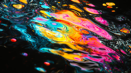 Psychedelic mystical background. The reflection of oil paints mixing with each other on a black background. Multicolored splashes shimmering with all the colors of the rainbow. The water is dark, and the colors are bright and vibrant.の素材