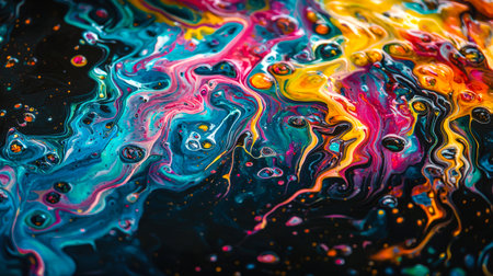 Colorful abstract oily design background. The painting depicts a colorful swirl of colors on a black background. The painting is full of bright colors, there is movement and energy in it. It seems that the colors are swirling and mixing with each otherの素材
