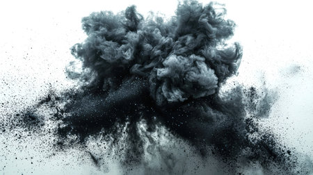 The concept of war, pollution and destruction. A thick black cloud of smoke with dust and debris flying in different directions. The scene is chaotic and dangerous. An abstract explosion of holi colors on a white background.の素材