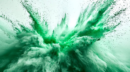 A powerful chemical green storm. A green explosion of white and green particles of holi paints on a white background. The explosion is so powerful that the green particles are almost impossible to seeの素材