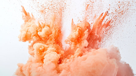 A cloud of orange, pale peach smoke rises from the fire. Thick billowing smoke creates a sense of chaos and destruction. Dust and particles of holi paints fly in all directions. The orange color of the smoke is bright and saturatedの素材