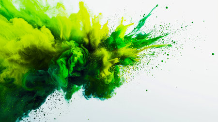 Green eco background. Green and light green watercolor ink mix in the air on a white background. Green and yellow clouds of smoke and dust are flying in all directions. The scene is chaotic and energetic. Particles of holi paints.の素材