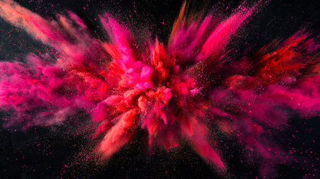 Supernova explosion. A red-pink explosion of powdery dust. Cosmic pink dust and debris cover the entire frame. The colors are bright and saturated, creating a sense of chaos. Cool abstract backgroundの素材