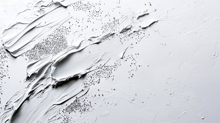 Silver expressive brushstrokes on a light gray wall with sequins. Elegant luxurious background. Hand-drawn. A stylish pattern. The strokes are very dense and textured. A backdrop for the design.の素材