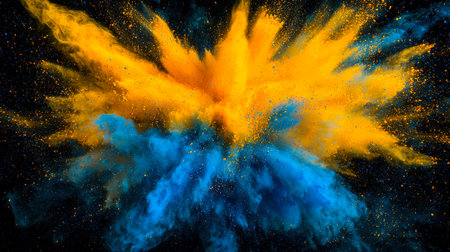 A bright yellow-blue explosion of holi colors. The colors are bright, and smoke, dust and particles fly in all directions. The concept of the flag of Ukraine. Bombastic pattern. Clouds of yellow and blue smoke mix with each otherの素材