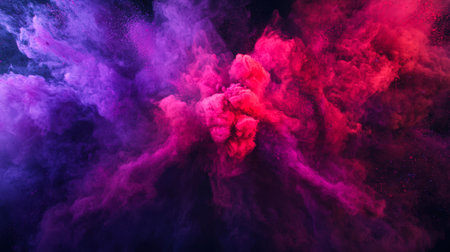 Pink-purple explosion. Swirling mystical smoke. The colors are bright and vibrant, creating a feeling of energy and excitement. Juicy colors of holi swirl and dance in the black skyの素材