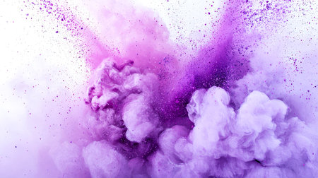 Clouds of purple smoke, dust and particles are flying in all directions. A chaotic and unpredictable explosion of powdered holi paints on a white background. The concept of the origin of an idea. Galactic abstract backgroundの素材