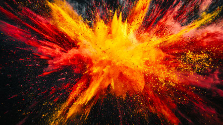 Fiery energy bursts. An exciting infernal blow. A powerful plasma explosion of holi colors in the air on a black background. A bright orange-red explosion of sparks. The scene is energetic and excitingの素材