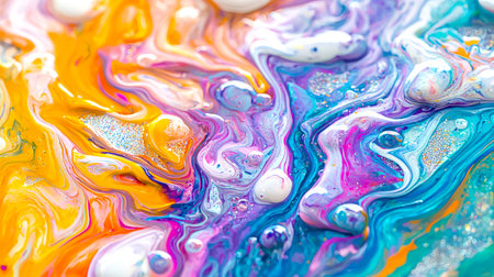 A psychedelic design background. A fantastic mix of oil paints with sequins and bubbles. A colorful painting with lots of curls and inclusions. The colors are bright and vibrant, creating a sense of energy and movement.の素材