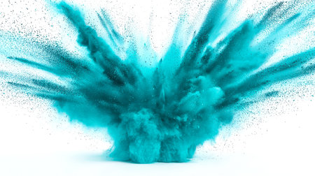 The concept of the origin of the idea. A turquoise explosion of smoke and dust. The blue color is very bright and stands out against a white background. The explosion is very dramatic and powerful, giving the impression of destruction.の素材