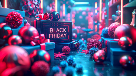 A room full of gift boxes and Christmas decorations. The concept of Black Friday is a night of sales, promotions and discounts. An advertising banner about the arrival of Black Fridayの素材