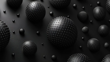 Black spheres with lots of dots are scattered all over the background. An abstract scientific space surface. Particles of molecules that create a unique texture. The image has a futuristic tintの素材