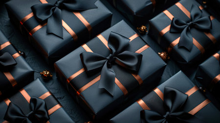 Several black gift boxes with black bows on them. The concept of Black Friday. A night of discounts and sales. A backdrop for advertising. All the boxes are the same size and are located next to each other.の素材